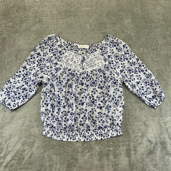 Abercrombie & Fitch Sheer Women's Top Medium Navy White Floral Embroidered Boho - Picture 2 of 12